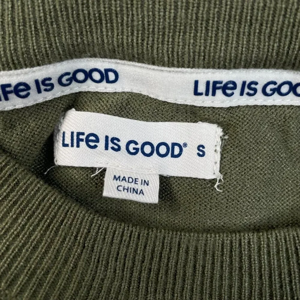 Life Is Good Green Crewneck Sweater Yellow Dog Daisy Womens Small